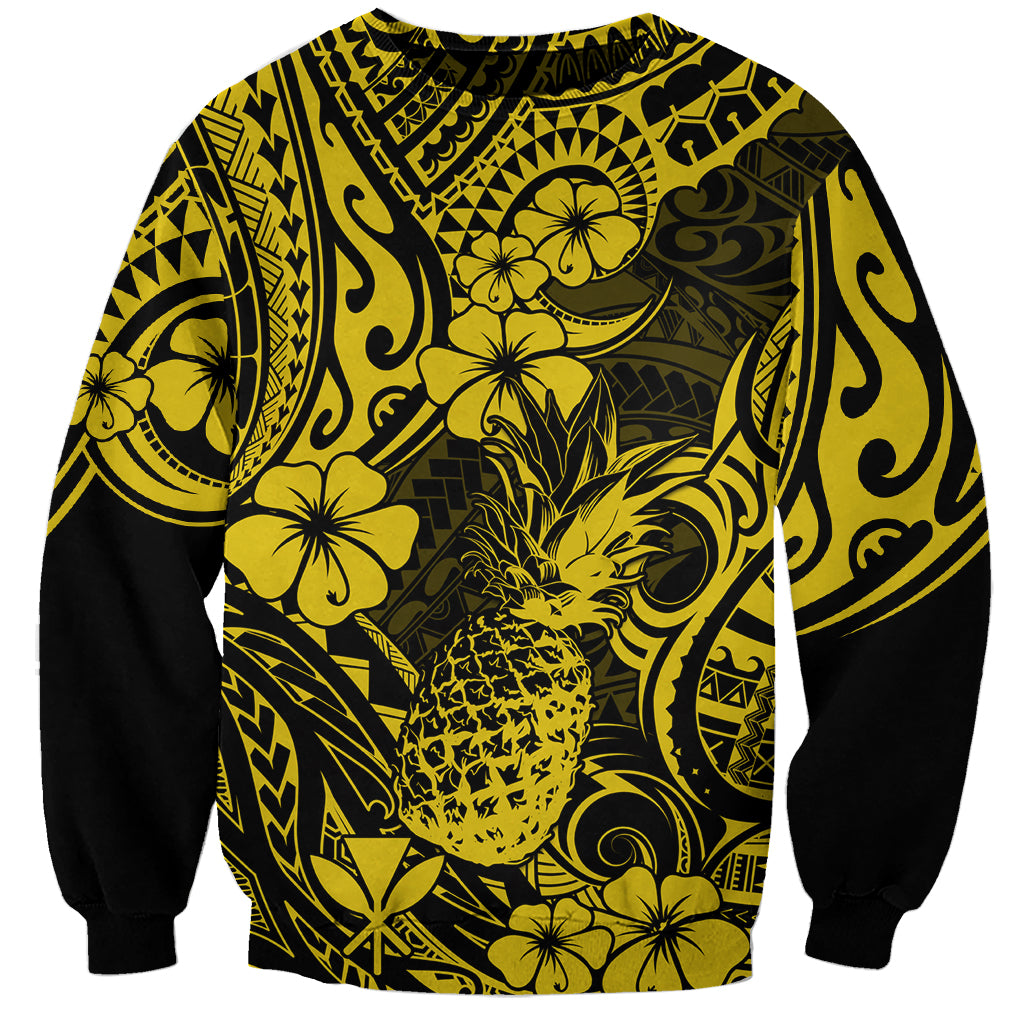 Unisex yellow and black sweatshirt with pineapple and floral Polynesian-style pattern