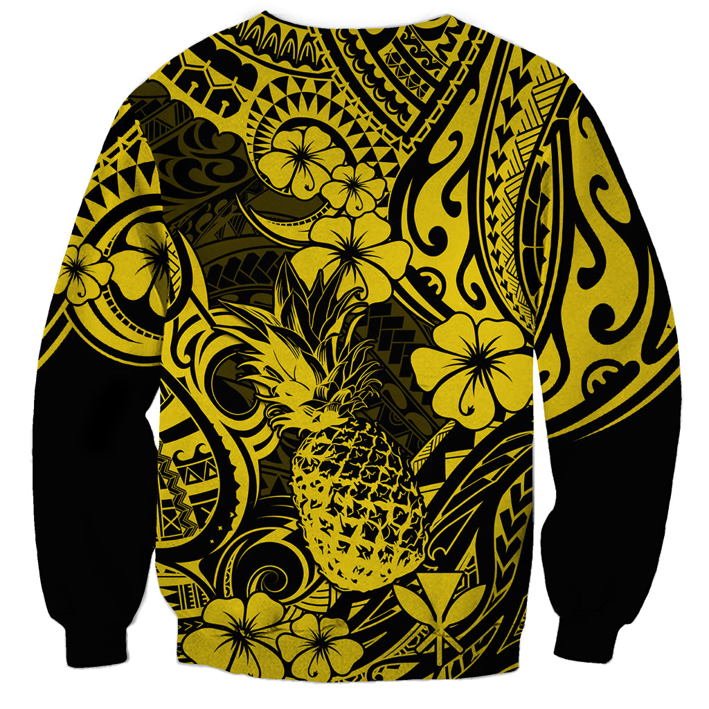 Unisex yellow and black sweatshirt with centered pineapple and floral Polynesian pattern
