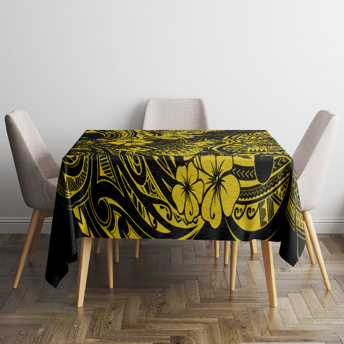 Yellow and black pineapple Polynesian tablecloth on square table with four chairs