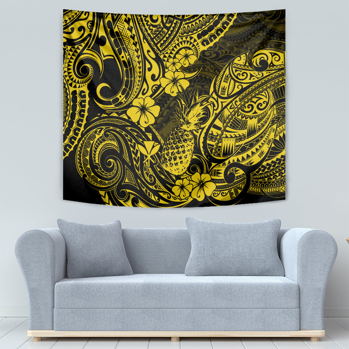 Yellow and black pineapple polynesian pattern tapestry with floral and wave motifs