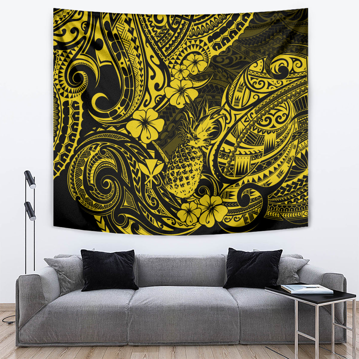 Yellow and black pineapple polynesian pattern tapestry with bold curls and borders