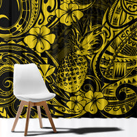 Yellow and black Polynesian pineapple curtain close-up of ornate swirl and floral motifs
