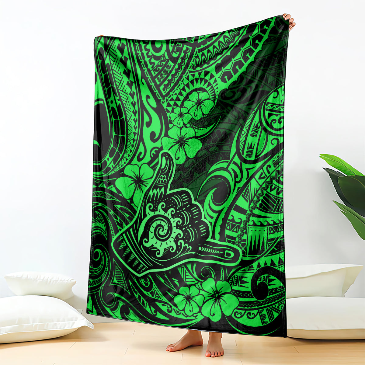 hawaii-shaka-sign-blanket-with-polynesian-hibiscus-green-unique