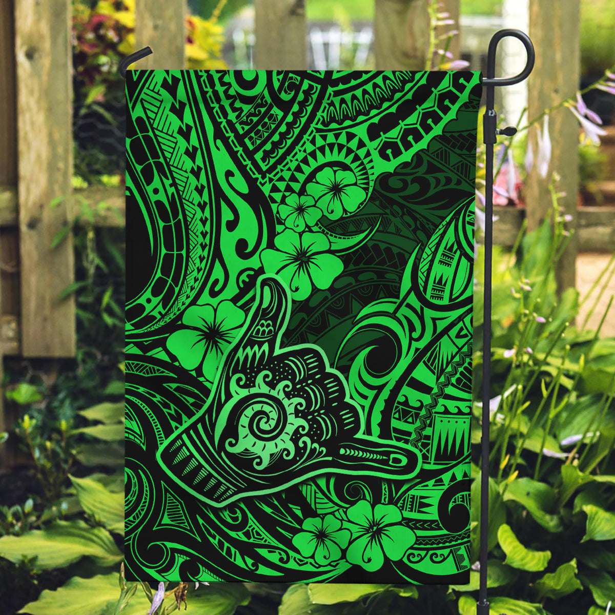 Hawaii Shaka Sign Garden Flag With Polynesian Hibiscus Green Unique - Wonder Print Shop