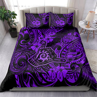 Purple Polynesian shaka bedding set featuring tiki, hibiscus, and swirl patterns on duvet