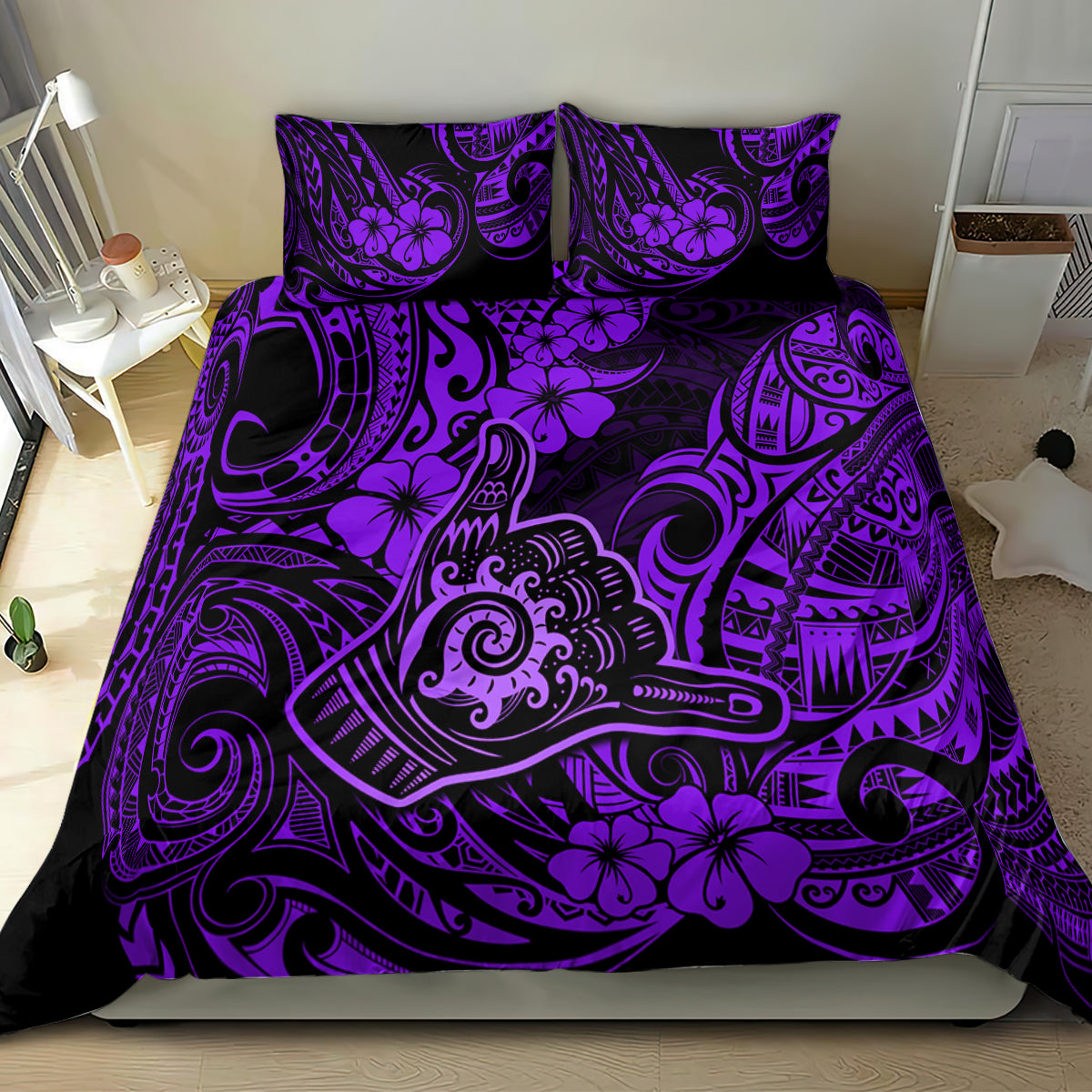 Purple Polynesian shaka bedding set with tiki icons, hibiscus flowers, and ornate swirl design