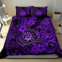 Purple Polynesian shaka bedding set with tiki icons, hibiscus flowers, and ornate swirl design