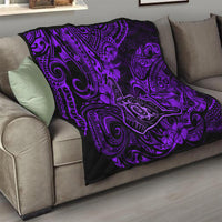 Purple and black Polynesian quilt blanket with ornate tribal swirls and flower accents