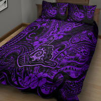 Purple patterned quilt with matching pillow shams, swirling tribal and hibiscus motifs