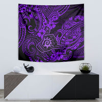 Purple Polynesian tapestry featuring ornate swirls, flower motifs, and tiki-style shapes
