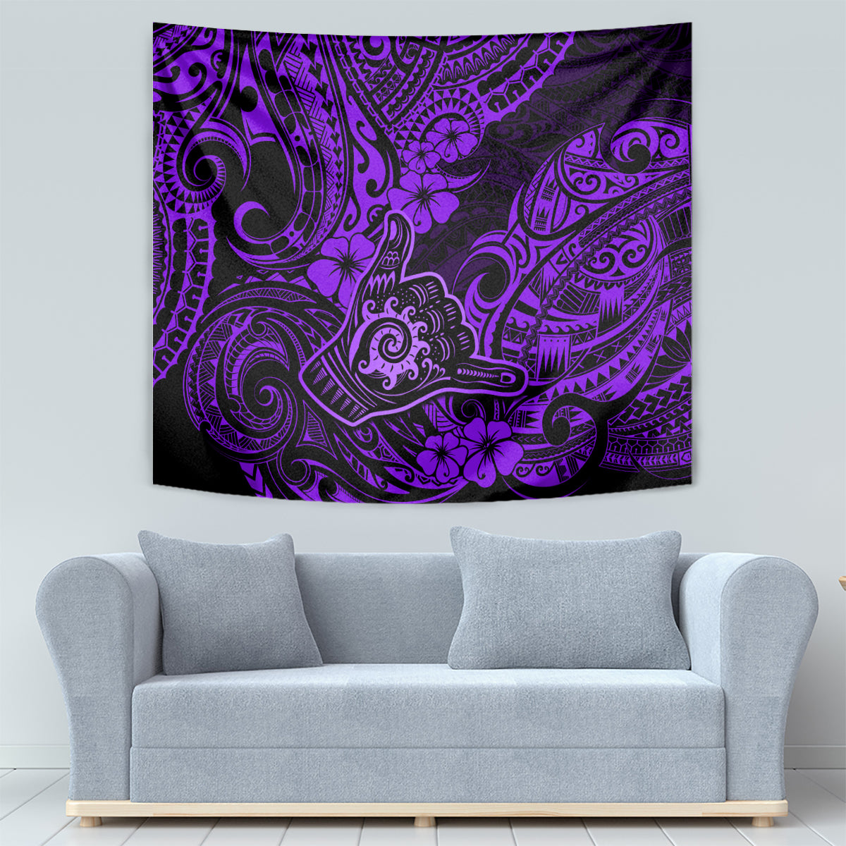 Purple Polynesian tapestry with bold tribal bands, swirling curls, and flower motifs