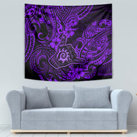 Purple Polynesian tapestry with bold tribal bands, swirling curls, and flower motifs