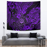 Purple Polynesian tapestry with intricate swirl designs, flower motifs, and curved figures