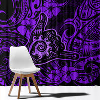 Purple window curtain with bold Polynesian patterns, long panel with visible top and hem
