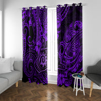 Purple Polynesian window curtains, two side-by-side panels with decorative tribal shapes
