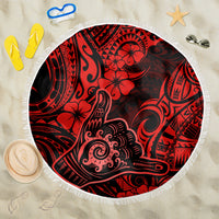 Red and black Polynesian patterned beach blanket, round with white fringe, 150cm