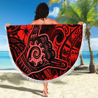 Round Polynesian pattern beach blanket in red and black with white fringe border