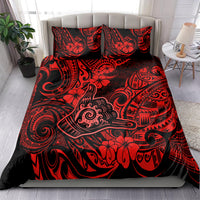 Red and black Polynesian-style duvet bedding set with two matching pillowcases, ornate print