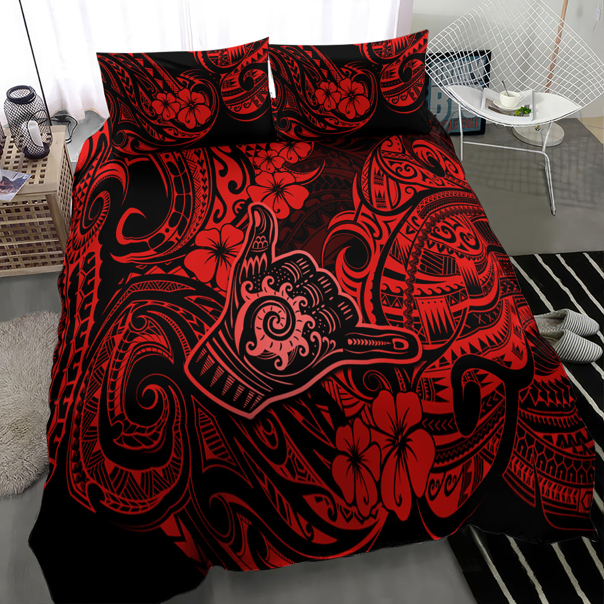 Red and black Polynesian-style bedding set duvet with two pillowcases, bold ornate motifs