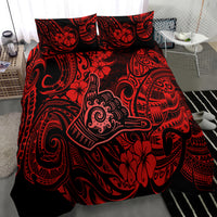 Red and black Polynesian-style bedding set duvet with two pillowcases, bold ornate motifs