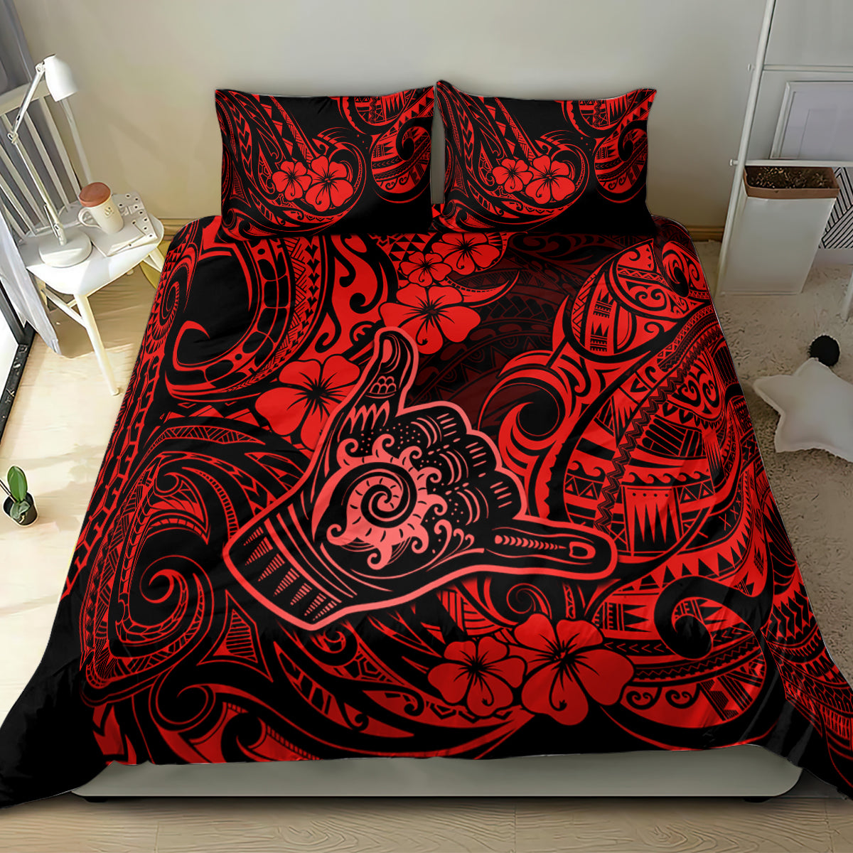 Red and black Polynesian-style bedding set duvet and two pillowcases with ornate motifs