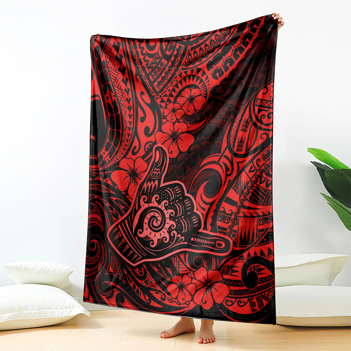 hawaii-shaka-sign-blanket-polynesian-pattern-red-version