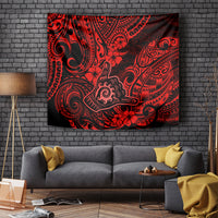 Red and black Polynesian-style tapestry with swirling tribal motifs and flowers