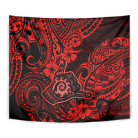 Red and black close-up tapestry with detailed swirling tribal patterns and hibiscus-like blooms
