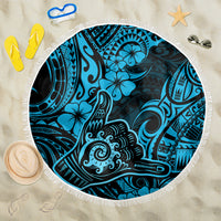 Round beach blanket with turquoise Polynesian pattern and white fringe edge