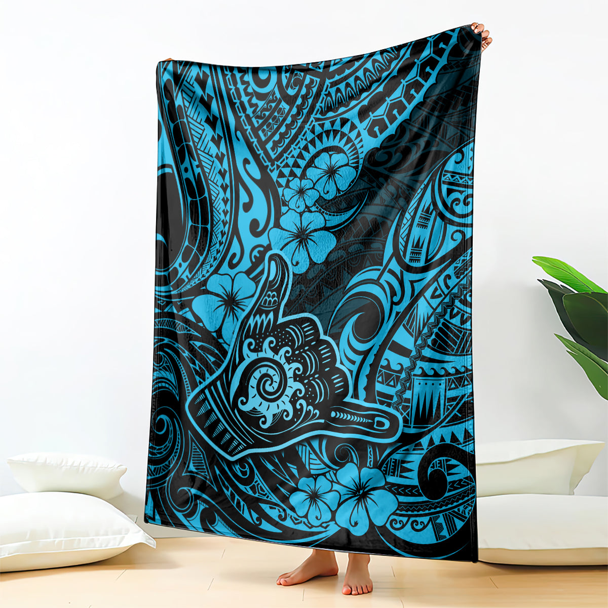 hawaii-shaka-sign-blanket-polynesian-pattern-sky-blue-version