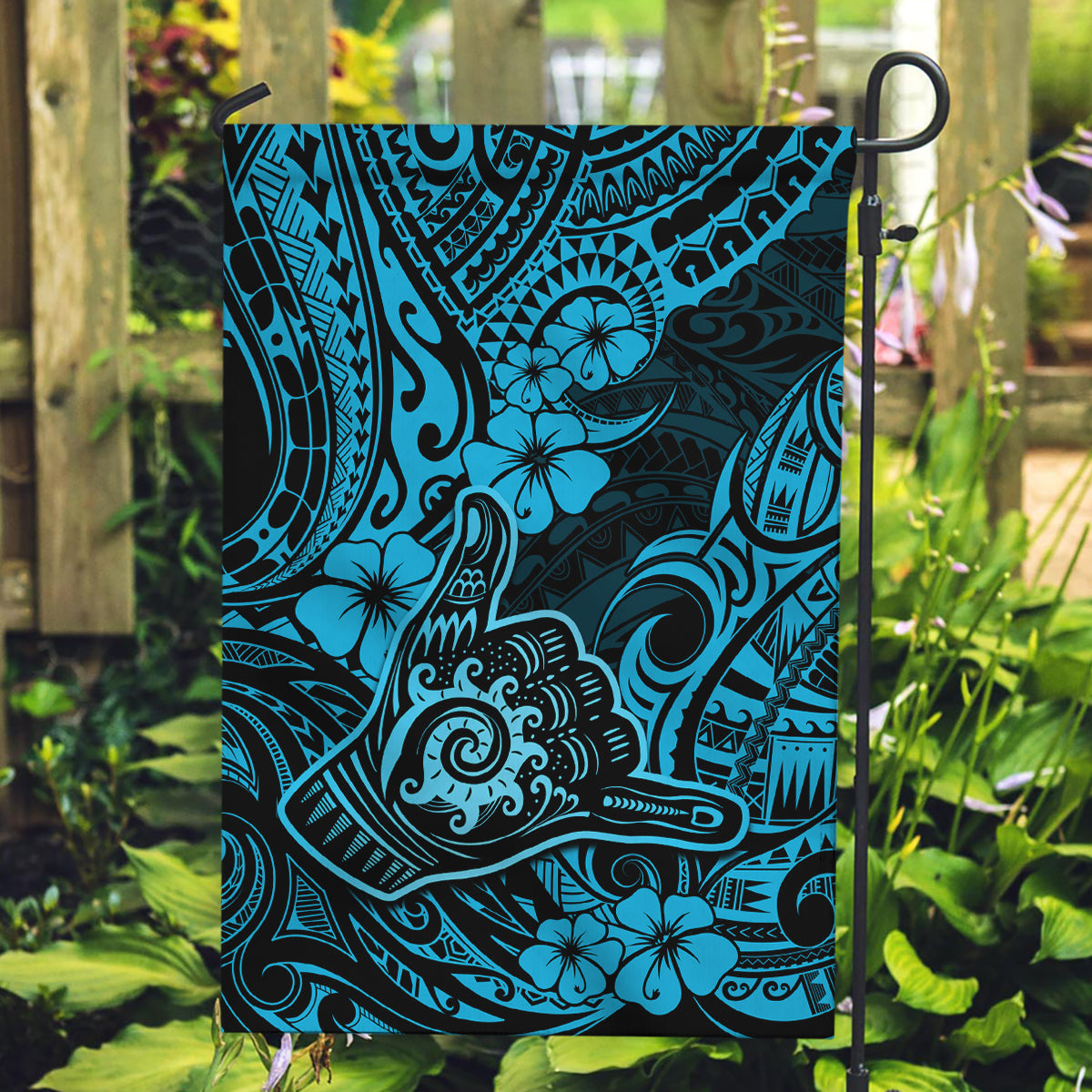 Hawaii Shaka Sign Garden Flag Polynesian Pattern Sky Blue Version - Wonder Print Shop