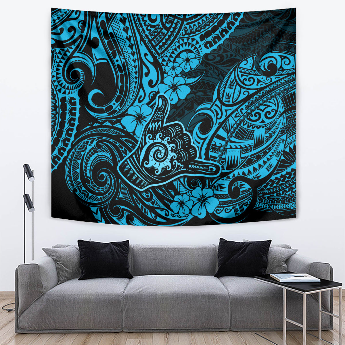 Dark teal and blue Polynesian decorative tapestry with intricate tribal designs