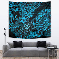 Dark teal and blue Polynesian decorative tapestry with intricate tribal designs