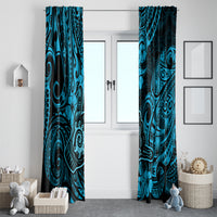 Set of blue Polynesian patterned window curtains with dark swirl designs