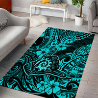 Turquoise Polynesian pattern area rug with teal floral shapes and decorative swirls