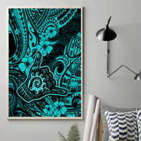 Turquoise Polynesian pattern canvas print with tiki and floral motifs