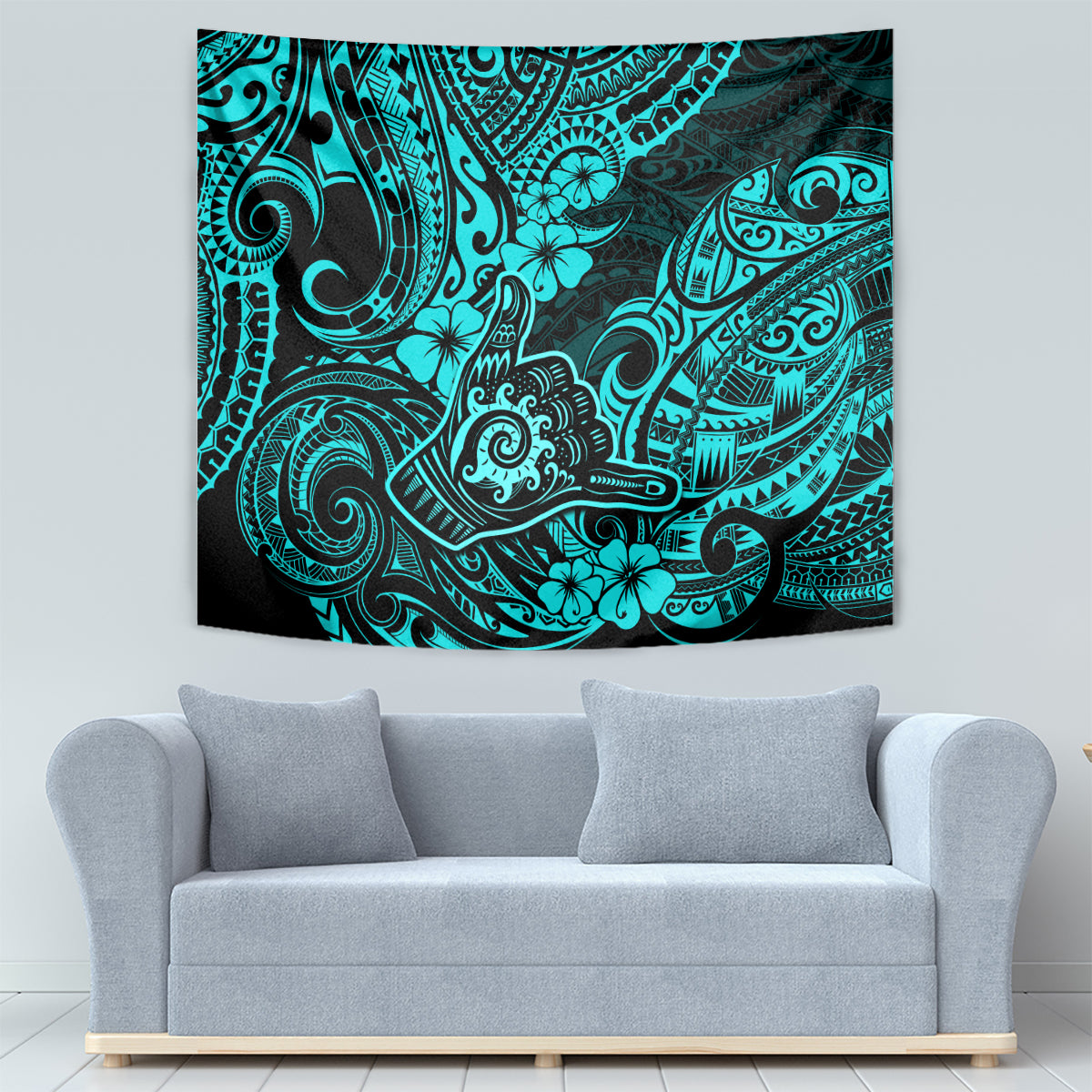 Turquoise and dark patterned wall tapestry with intricate swirling shapes