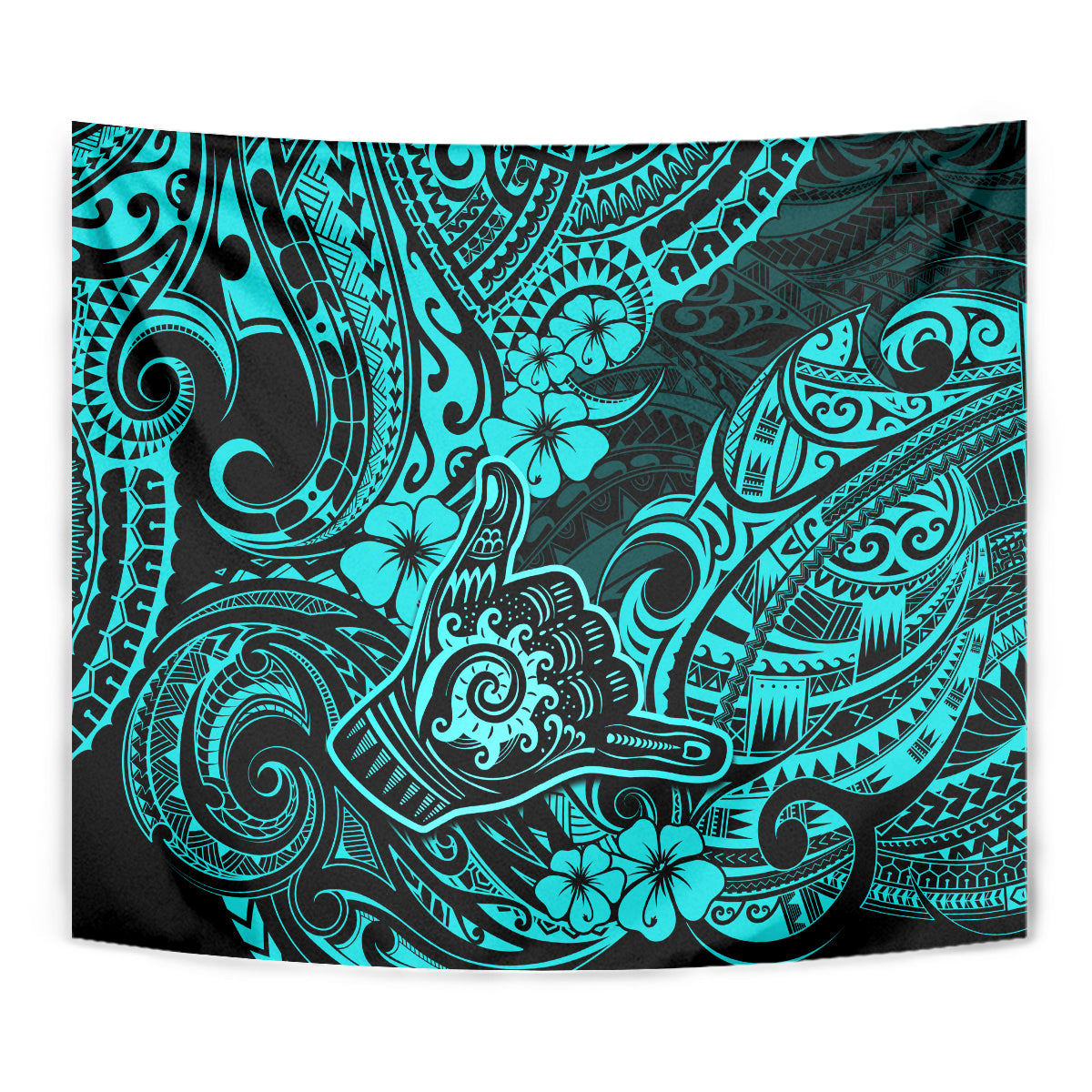 Turquoise patterned tapestry featuring dark swirling lines and hibiscus-like flowers