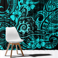 Turquoise window curtain panel with black tribal swirls, flowers, and geometric shapes.