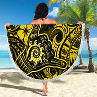 Round beach blanket with white fringe, bold yellow tribal and floral design on dark background