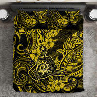 Polynesian-style bedding set, yellow and black ornate swirl floral print