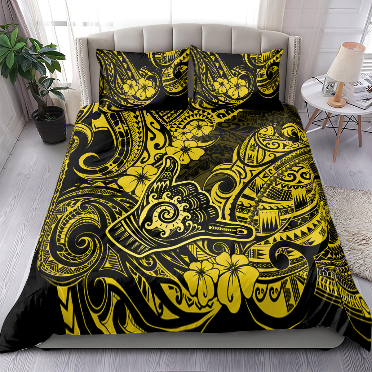Polynesian-style bedding set, yellow and black ornate swirl floral print with two pillowcases