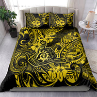 Polynesian-style bedding set, yellow and black ornate swirl floral print with two pillowcases