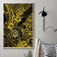 Yellow Polynesian shaka pattern canvas wall art with black background, shown unframed.