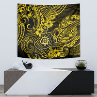 Yellow and black Polynesian tapestry with detailed swirling designs and flower motifs