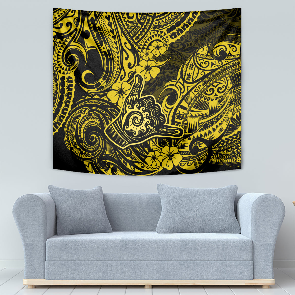 Yellow and black wall tapestry with Polynesian swirl patterns and hibiscus-like flowers