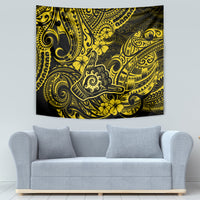 Yellow and black wall tapestry with Polynesian swirl patterns and hibiscus-like flowers