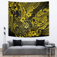 Yellow and black Polynesian pattern tapestry with ornate curls, lines, and floral motifs
