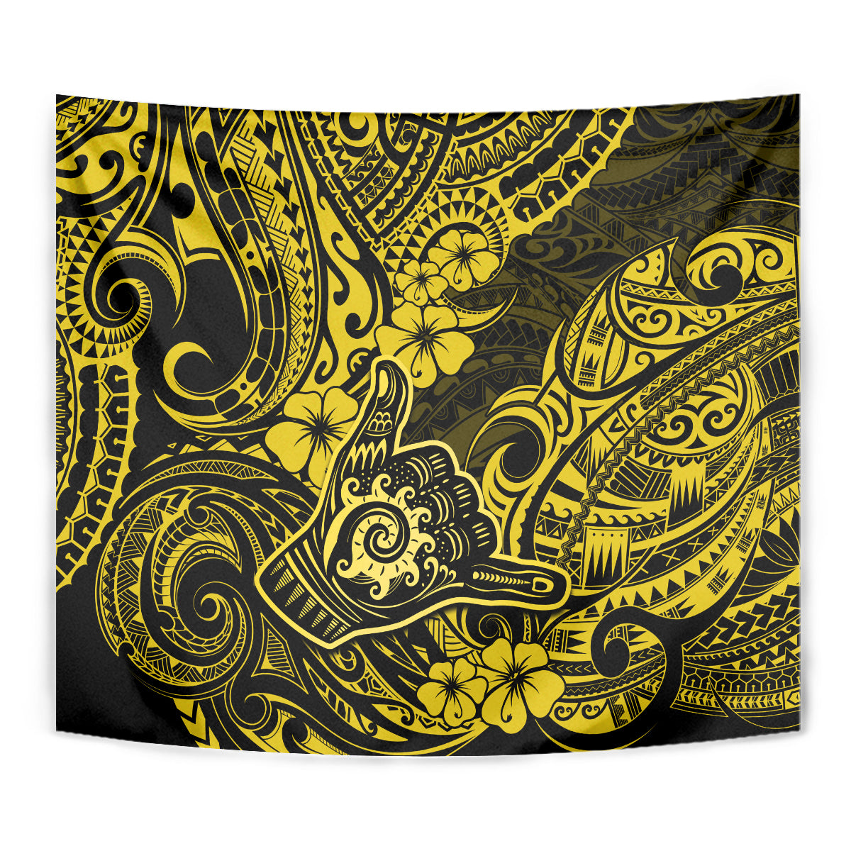 Yellow and black Polynesian swirl wall tapestry with floral and decorative geometric details