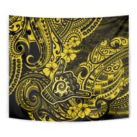 Yellow and black Polynesian swirl wall tapestry with floral and decorative geometric details